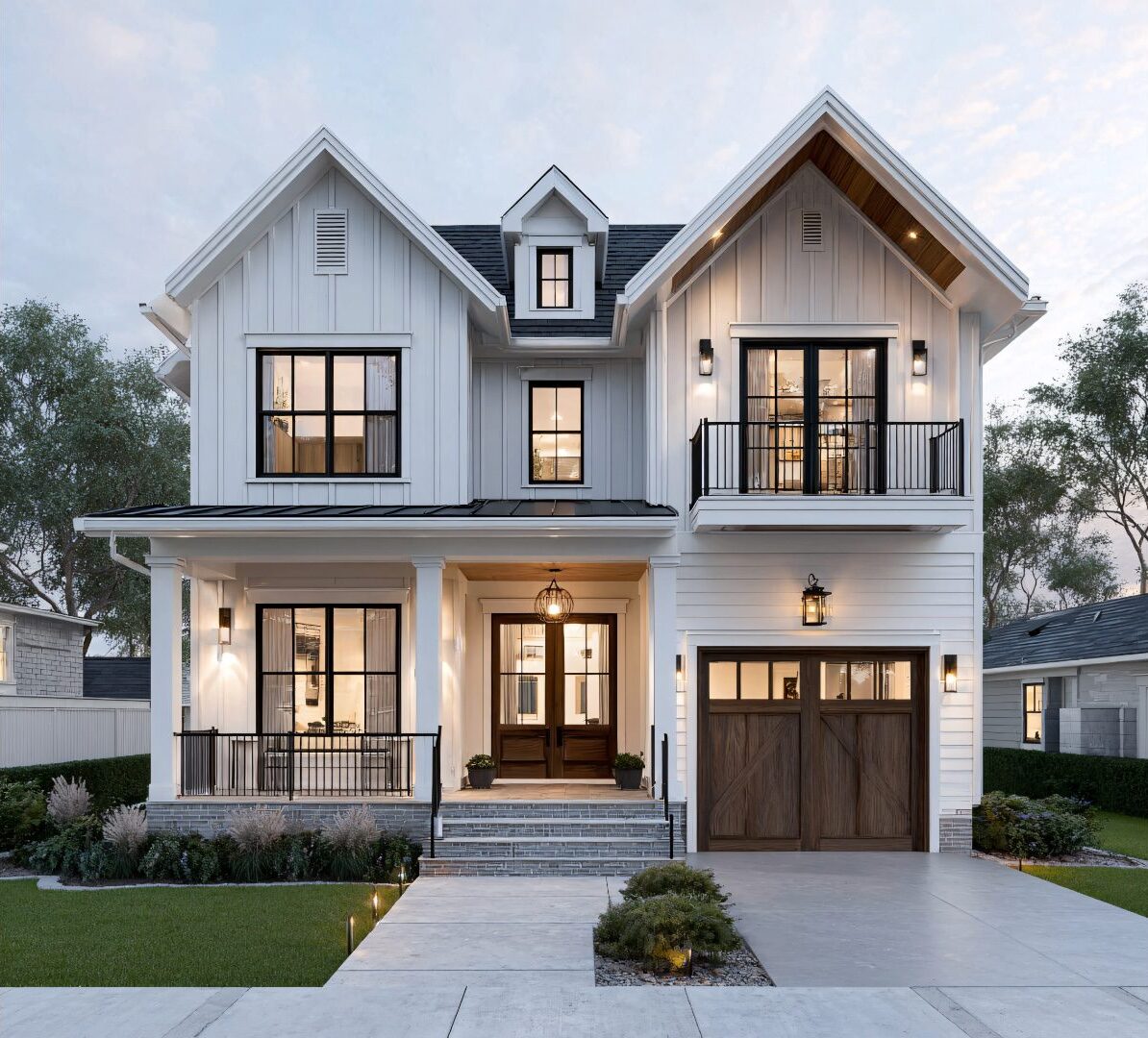 Elegant two-story white house with a modern farmhouse design and warm lighting.