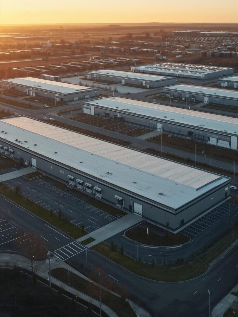 Aerial view of a large industrial park at sunset.