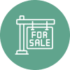 Icon of a crane with a 'For Sale' sign in a green circle.